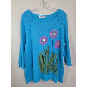 Victoria Womens Sweater Hand Painted Floral Knit Turquoise Blue Raglan Top XL